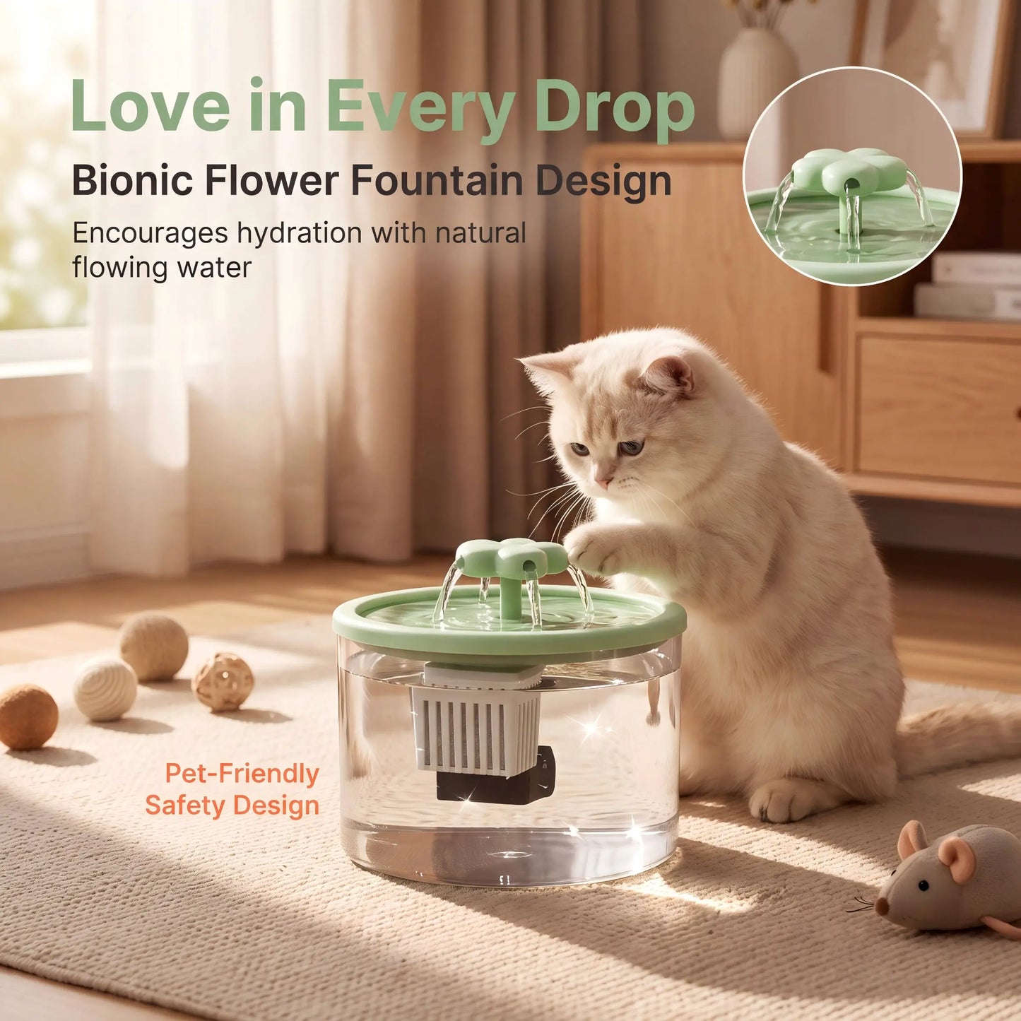Cat Water Fountain with Filter, USB-Powered & Quiet