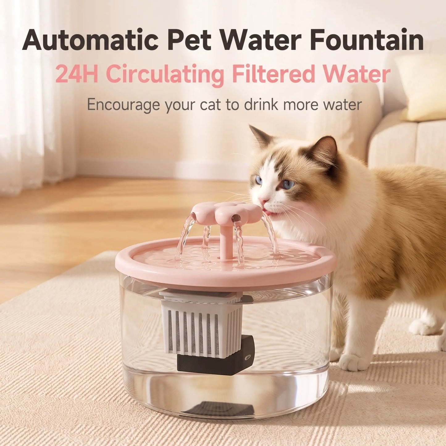 Cat Water Fountain with Filter, USB-Powered & Quiet