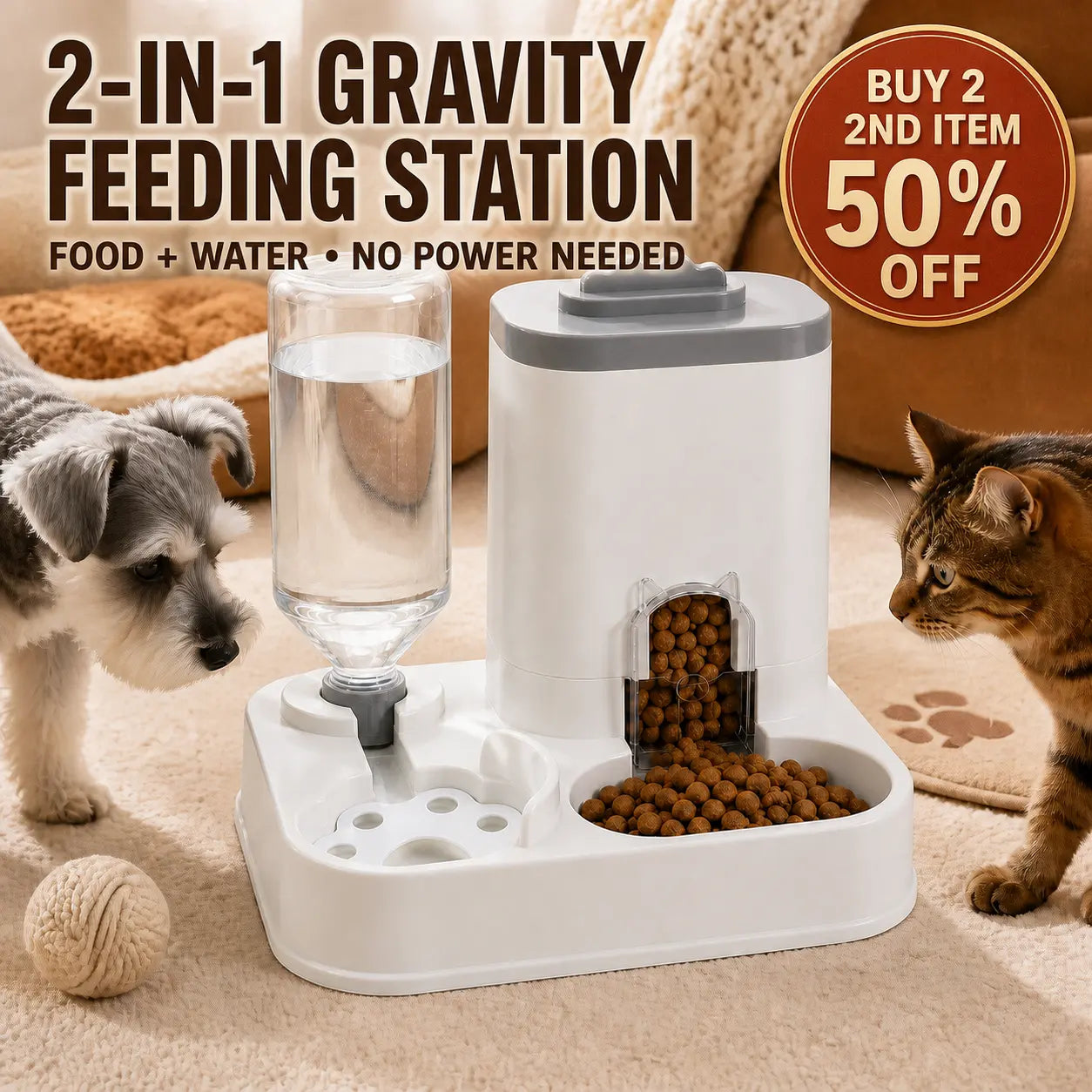 PAWSURD 2-in-1 Automatic Pet Feeder & Water Dispenser
